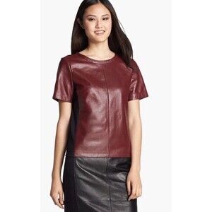 HALOGEN Roxbury Leather Top Womens Small Burgundy Black Knut Back Zip City Chic